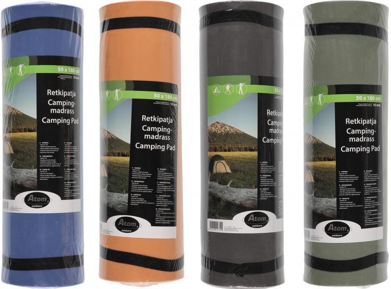 Liggeunderlag for camping og tur. 180x50x1cm. 4 ass farger